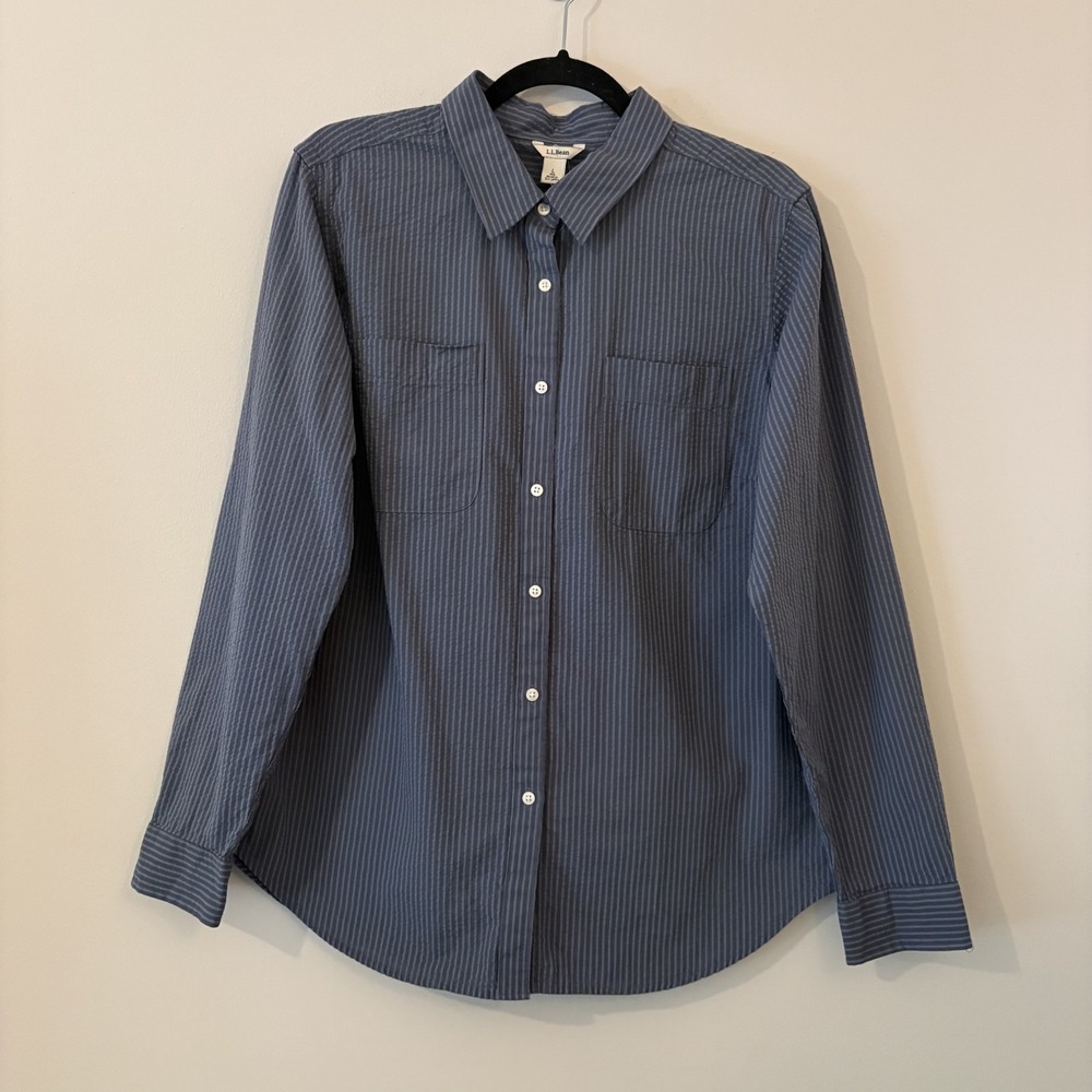 NWT LL Bean Vacationland Seersucker Long Sleeve Shirt Blue Stripe Size L Cotton